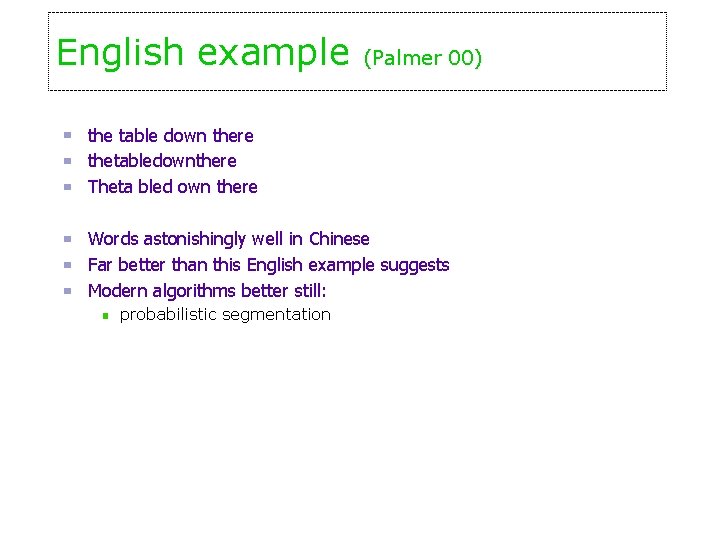 English example (Palmer 00) the table down there thetabledownthere Theta bled own there Words