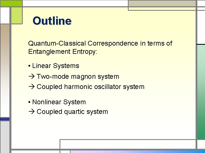 Outline Quantum-Classical Correspondence in terms of Entanglement Entropy: • Linear Systems Two-mode magnon system