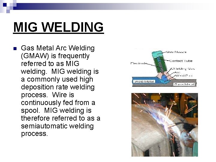 MIG WELDING n Gas Metal Arc Welding (GMAW) is frequently referred to as MIG