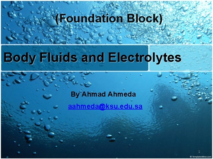 (Foundation Block) Body Fluids and Electrolytes By Ahmad Ahmeda aahmeda@ksu. edu. sa 1 