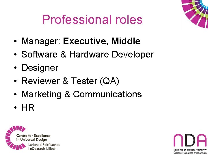 Professional roles • • • Manager: Executive, Middle Software & Hardware Developer Designer Reviewer