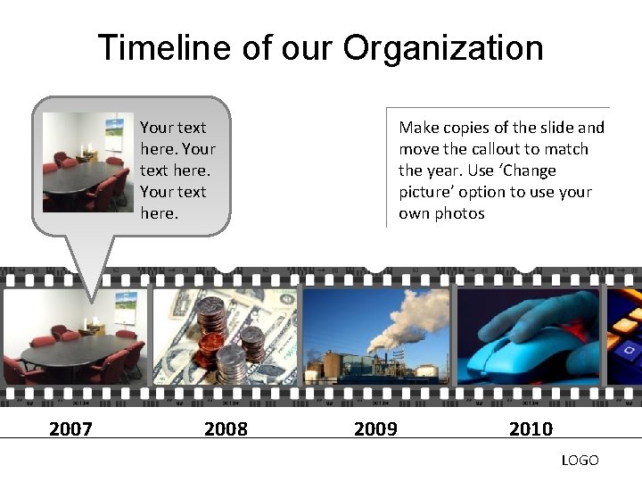 Timeline of our Organization Your text here. 2007 2008 Make copies of the slide Timeline of our Organization Your text here. 2007 2008 Make copies of the slide