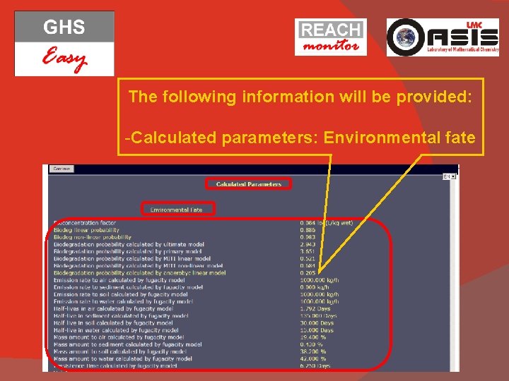 The following information will be provided: -Calculated parameters: Environmental fate 