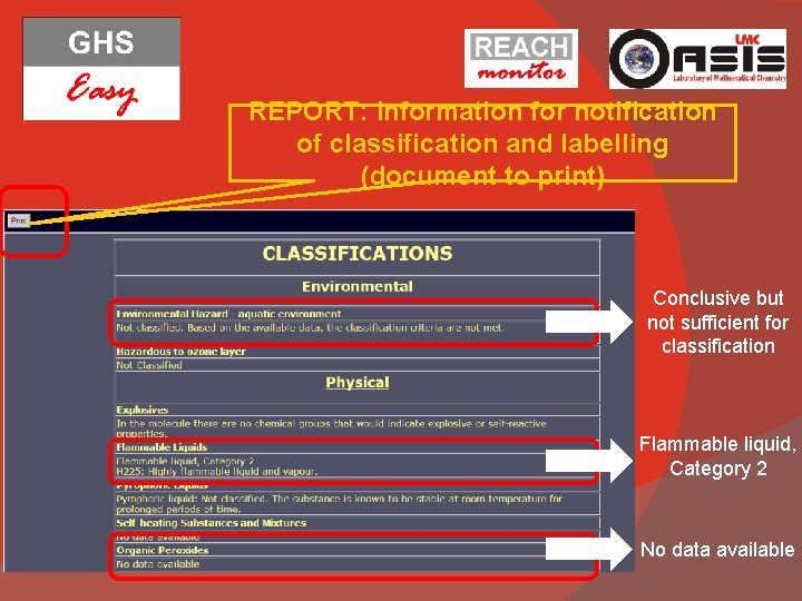 REPORT: information for notification of classification and labelling (document to print) Conclusive but not