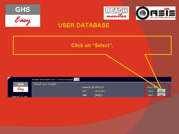 USER DATABASE Click on “Select”. 