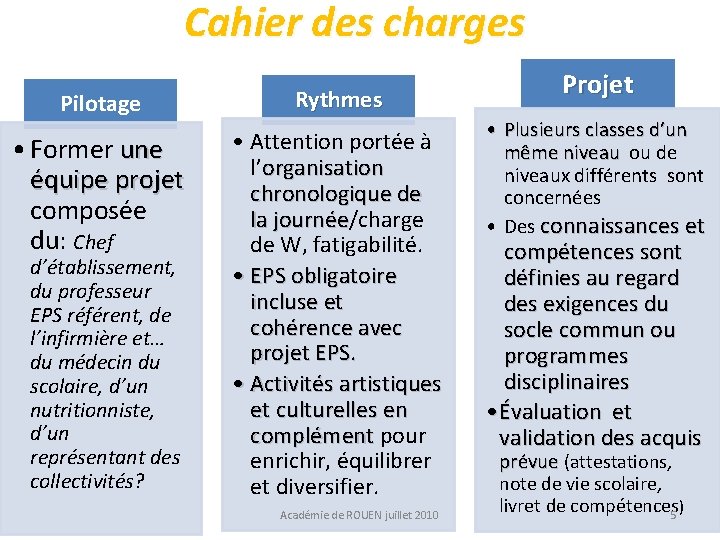 Cahier des charges Pilotage Rythmes • Former une équipe projet composée du: Chef •