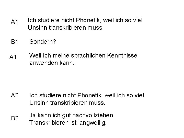 A 1 Ich studiere nicht Phonetik, weil ich so viel Unsinn transkribieren muss. B