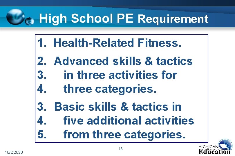 High School PE Requirement 1. Health-Related Fitness. 2. Advanced skills & tactics 3. in