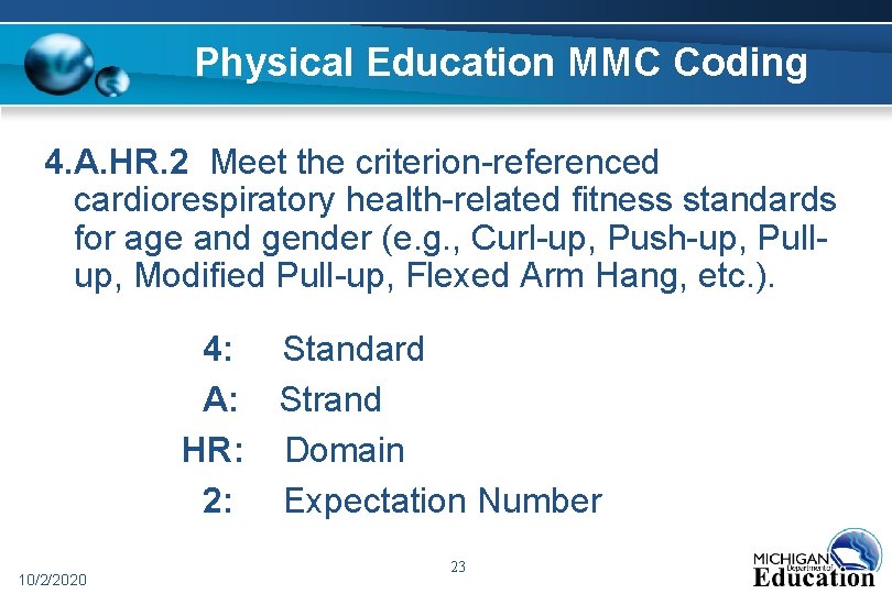 Physical Education MMC Coding 4. A. HR. 2 Meet the criterion-referenced cardiorespiratory health-related fitness