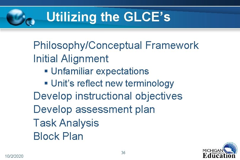 Utilizing the GLCE’s Philosophy/Conceptual Framework Initial Alignment § Unfamiliar expectations § Unit’s reflect new