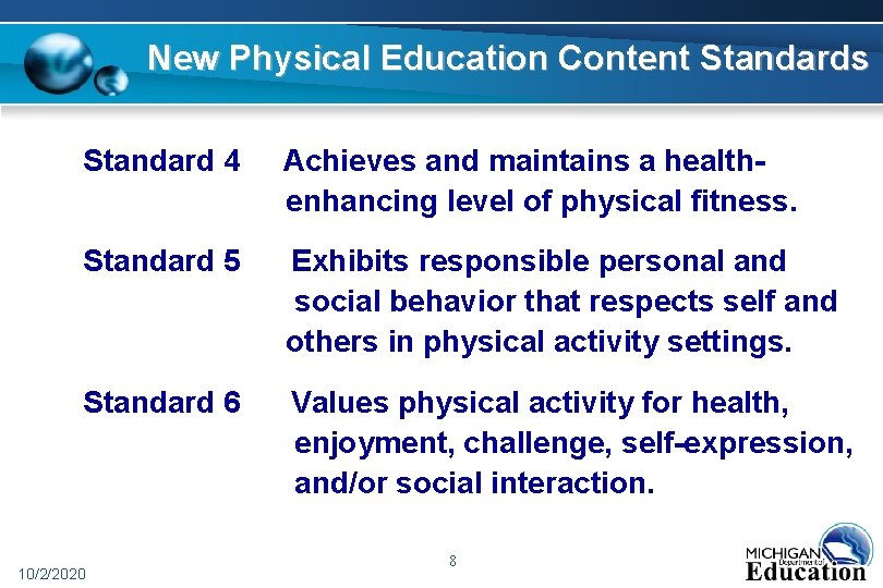 New Physical Education Content Standards Standard 4 Achieves and maintains a healthenhancing level of