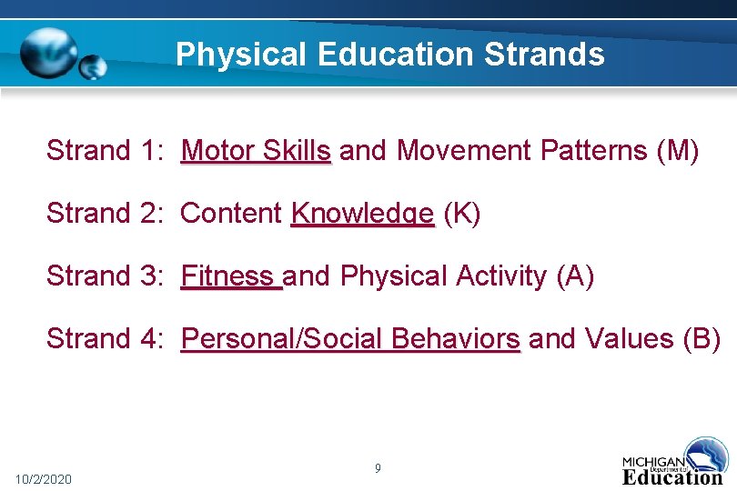 Physical Education Strands Strand 1: Motor Skills and Movement Patterns (M) Strand 2: Content