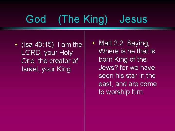 God (The King) • (Isa 43: 15) I am the LORD, your Holy One,
