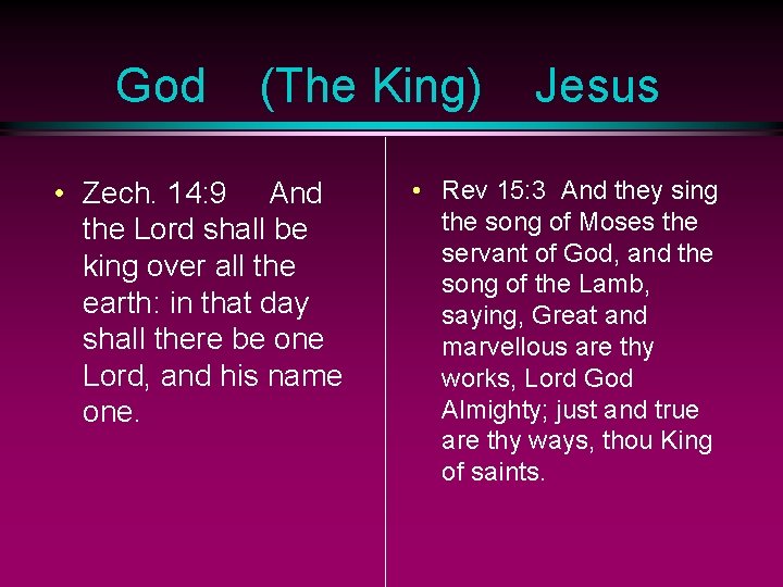 God (The King) • Zech. 14: 9 And the Lord shall be king over