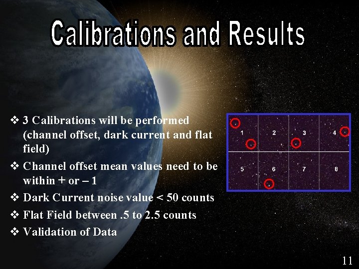 Calibrations and Results v 3 Calibrations will be performed (channel offset, dark current and