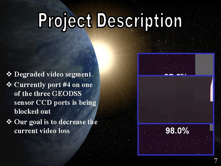 Project Description v Degraded video segment v Currently port #4 on one of the