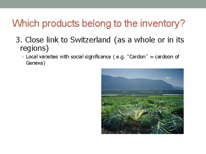 Which products belong to the inventory? 3. Close link to Switzerland (as a whole