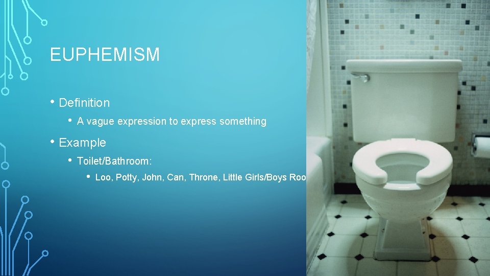 EUPHEMISM • Definition • A vague expression to express something • Example • Toilet/Bathroom: