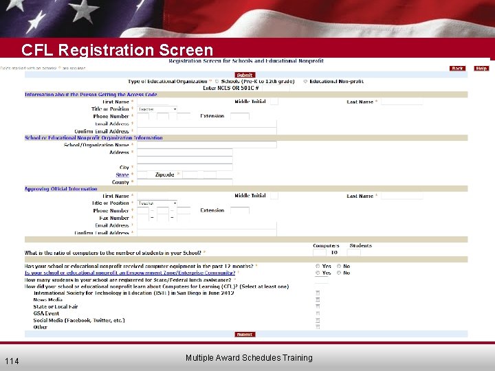 CFL Registration Screen 114 Multiple Award Schedules Training 