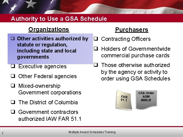 Authority to Use a GSA Schedule Organizations Purchasers ❑ Other activities authorized by ❑