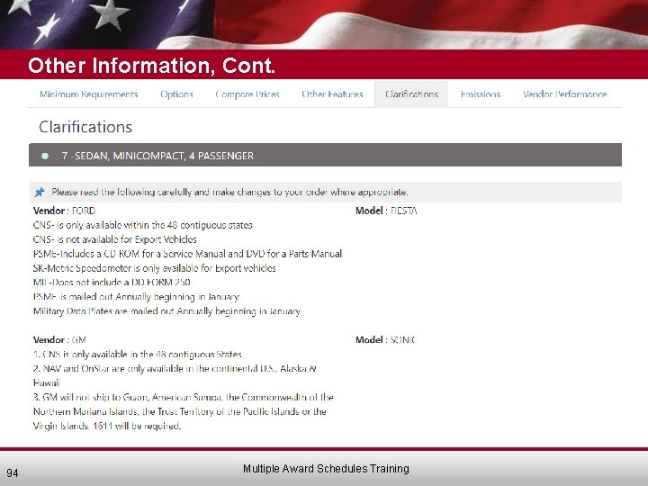 Other Information, Cont. 94 Multiple Award Schedules Training 