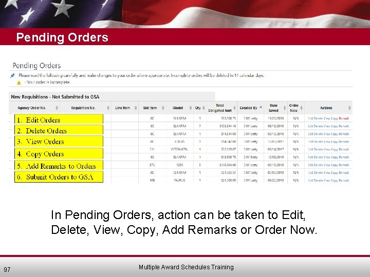 Pending Orders 1. Edit Orders 2. Delete Orders 3. View Orders Copy Orders 6.