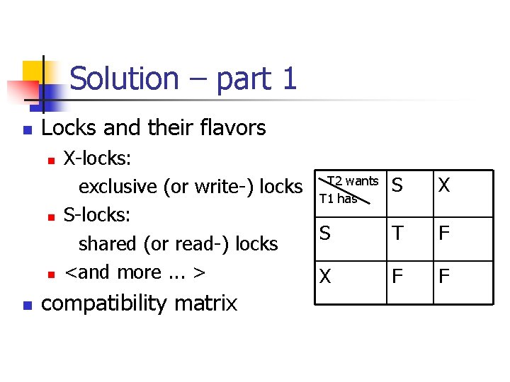 Solution – part 1 n Locks and their flavors n n X-locks: exclusive (or