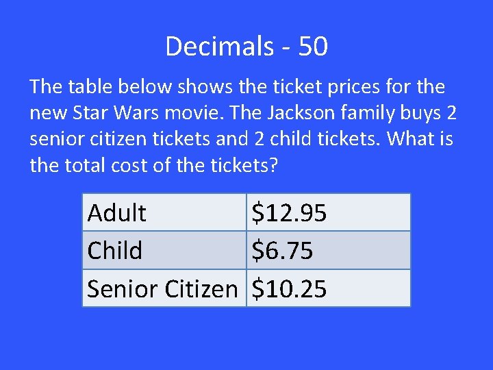 Decimals - 50 The table below shows the ticket prices for the new Star