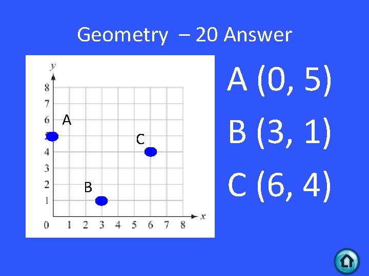 Geometry – 20 Answer A C B A (0, 5) B (3, 1) C