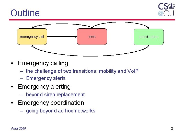 Outline emergency call alert coordination • Emergency calling – the challenge of two transitions: