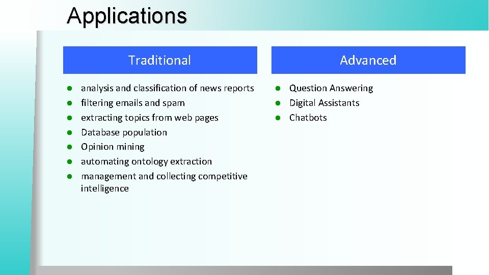 Applications Traditional l l l analysis and classification of news reports filtering emails and