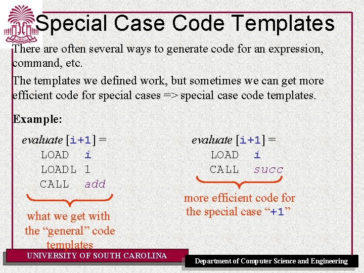 Special Case Code Templates There are often several ways to generate code for an