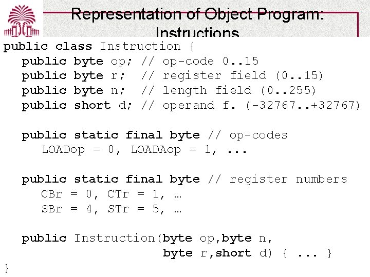 Representation of Object Program: Instructions public class Instruction { public byte op; // op-code