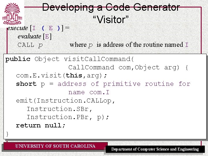 Developing a Code Generator “Visitor” execute [I ( E )] = evaluate [E] CALL