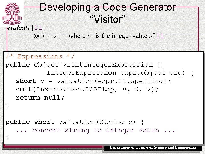 Developing a Code Generator “Visitor” evaluate [IL] = LOADL v where v is the