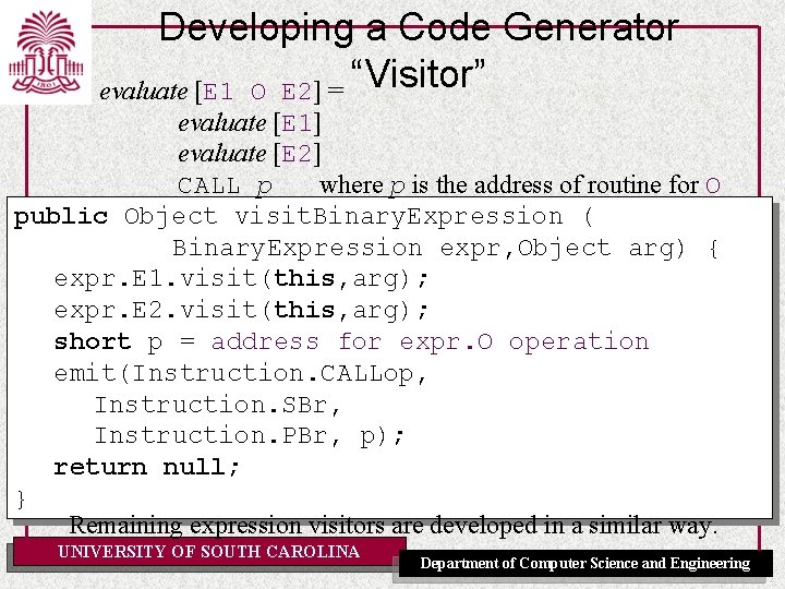 Developing a Code Generator evaluate [E 1 O E 2] = “Visitor” evaluate [E