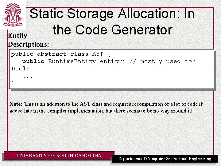 Static Storage Allocation: In the Code Generator Entity Descriptions: public abstract class AST {