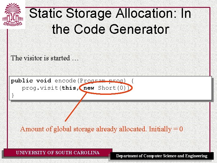 Static Storage Allocation: In the Code Generator The visitor is started … public void