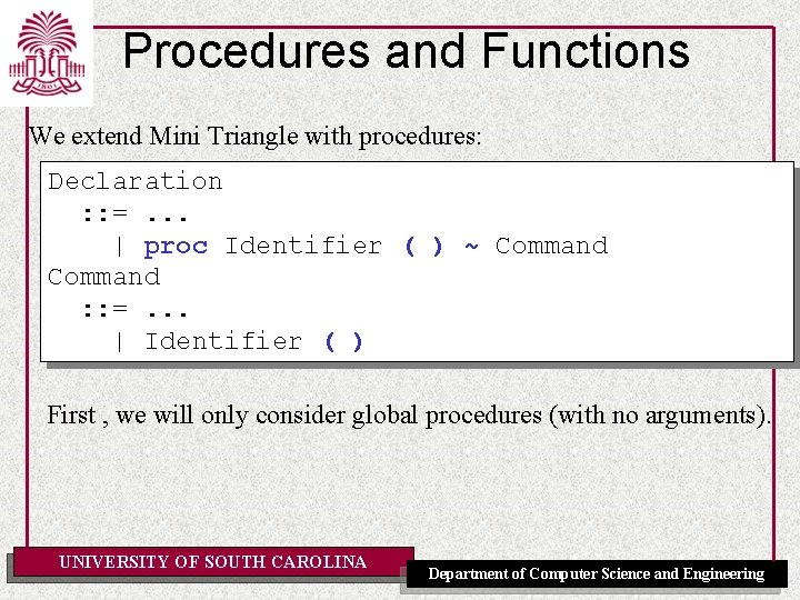 Procedures and Functions We extend Mini Triangle with procedures: Declaration : : =. .