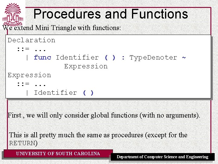 Procedures and Functions We extend Mini Triangle with functions: Declaration : : =. .