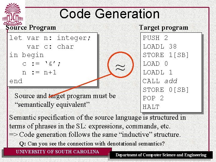 Code Generation Source Program let var n: integer; var c: char in begin c