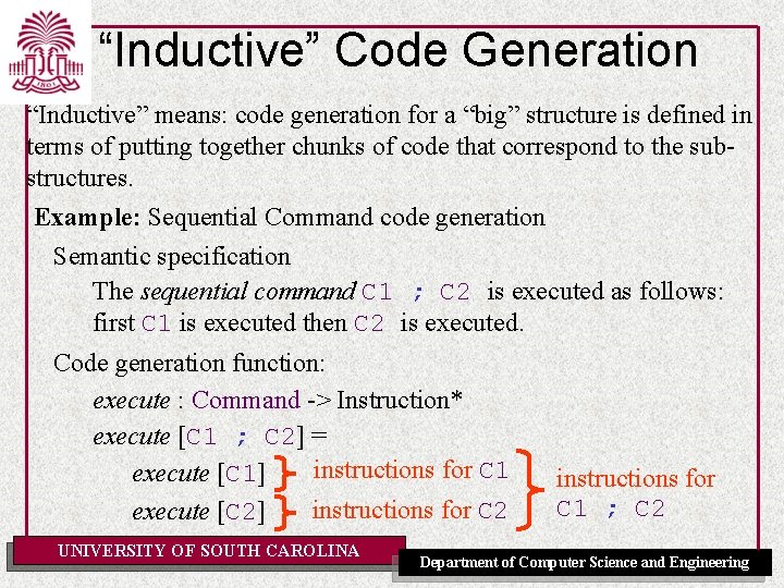 “Inductive” Code Generation “Inductive” means: code generation for a “big” structure is defined in