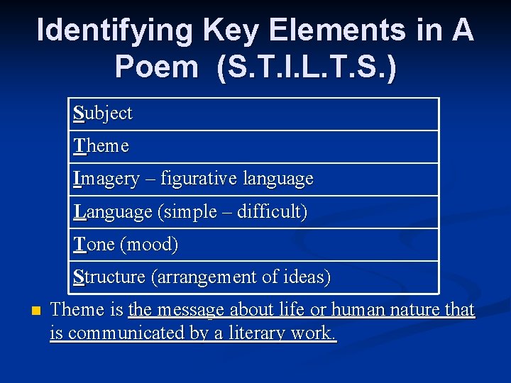 Identifying Key Elements in A Poem (S. T. I. L. T. S. ) Subject