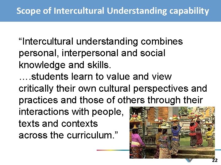 Scope of Intercultural Understanding capability “Intercultural understanding combines personal, interpersonal and social knowledge and