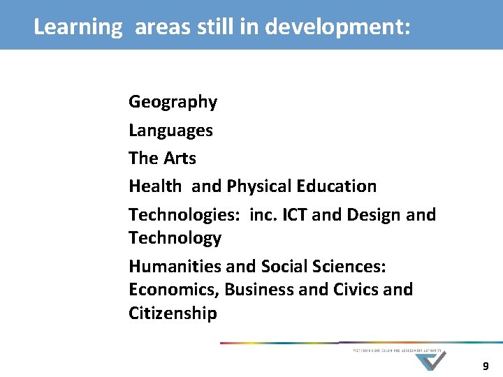 Learning areas still in development: Geography Languages The Arts Health and Physical Education Technologies: