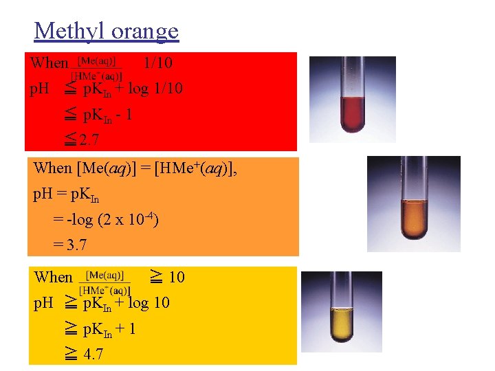 Methyl orange When 1/10 p. H ≦ p. KIn + log 1/10 ≦ p.