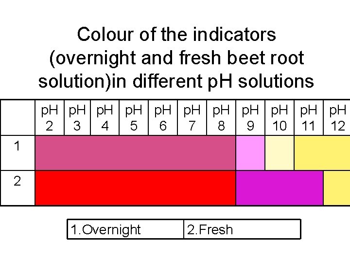 Colour of the indicators (overnight and fresh beet root solution)in different p. H solutions Colour of the indicators (overnight and fresh beet root solution)in different p. H solutions