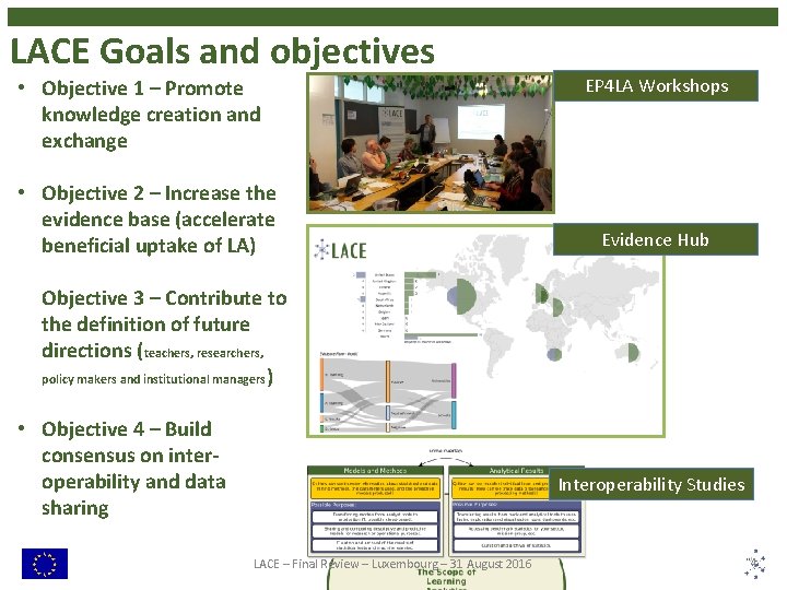 LACE Goals and objectives • Objective 1 – Promote knowledge creation and exchange • LACE Goals and objectives • Objective 1 – Promote knowledge creation and exchange •