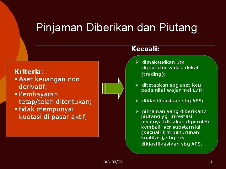 Pinjaman Diberikan dan Piutang Kecuali: Ø Kriteria: § Aset keuangan non derivatif; § Pembayaran