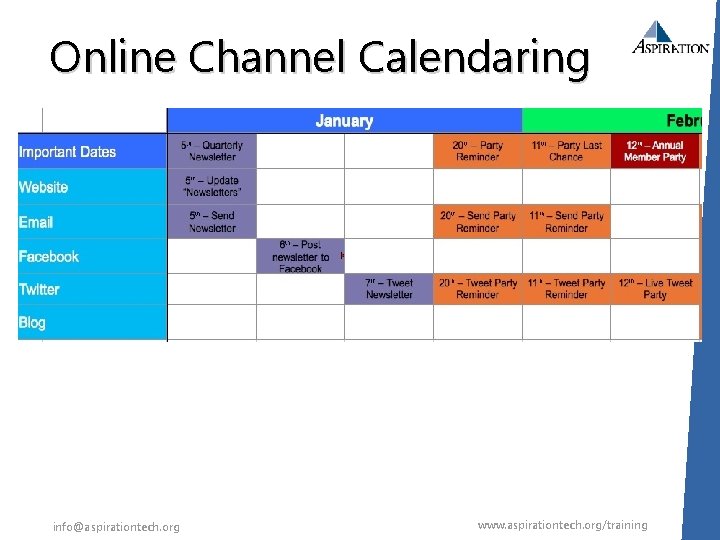 Online Channel Calendaring info@aspirationtech. org www. aspirationtech. org/training 